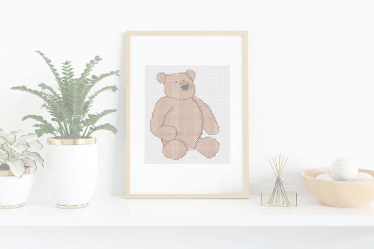 embroidered and framed Free Teddy bear cross stitch pattern