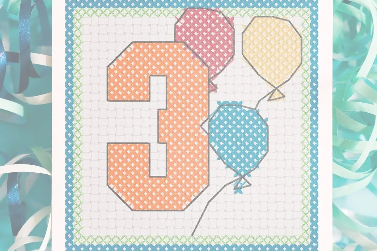 embroidered 3rd birthday cross stitch pattern against a background of streamers