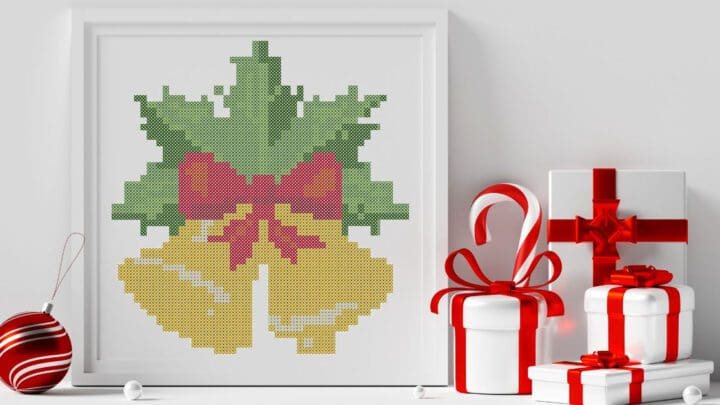 embroidered and framed christmas bells cross stitch