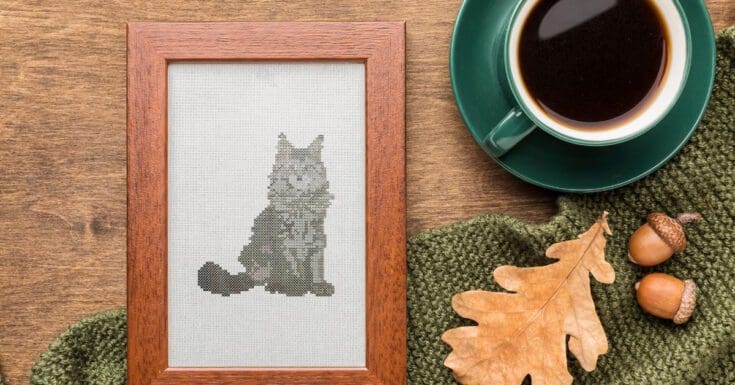 embroidered and framed maine coon cat cross stitch