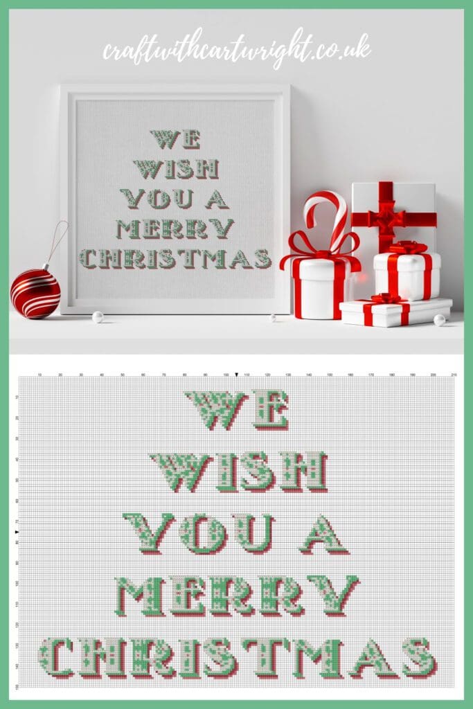 Merry Christmas cross stitch, framed in a white frame, with pattern chart underneath