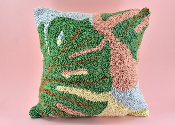 Image for monstera pillow free punch needle embroidery pattern