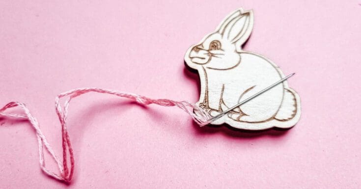 rabbit needle minder on a pink background holding a needle with a pink thread