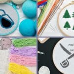 image shows four unique cross stitch patterns embroidered. One of sunglasses, one of a set of six Christmas trees, one of a set of pastel elephants and one of a pair of pirate swords.