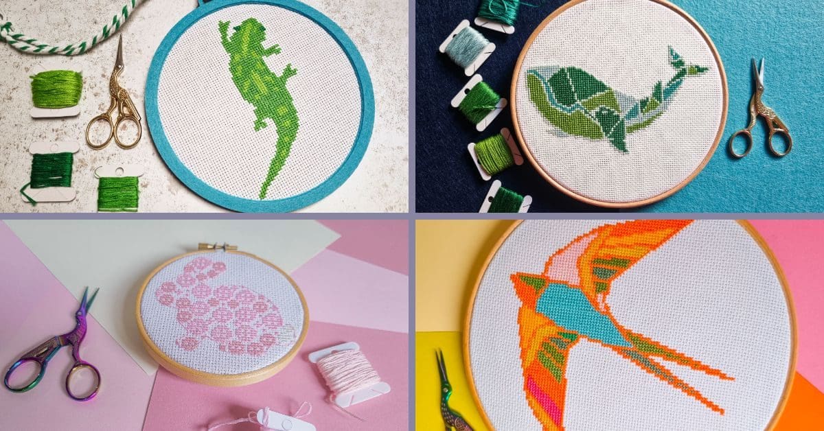 images shows four different animal cross stitch patterns embroidered and framed in hoops. One of a gecko, one of a whale, one of a rabbit and one of a bird.