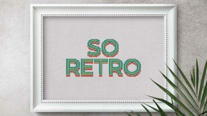 Image shows the so retro cross stitch pattern embroidered on to white fabric, framed in a white frame hung on a wall with a palm plant next to it.