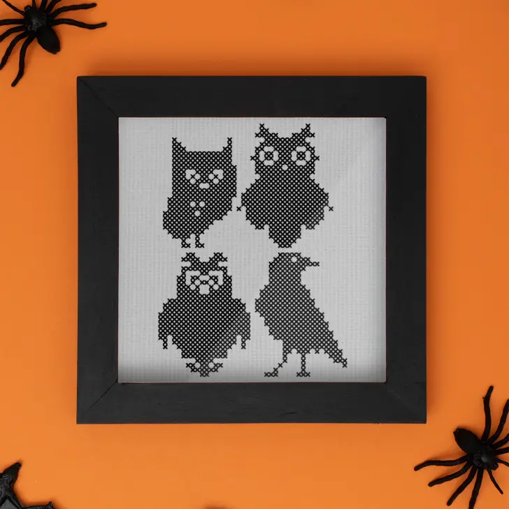 4 creepy birds cross stitch free pattern