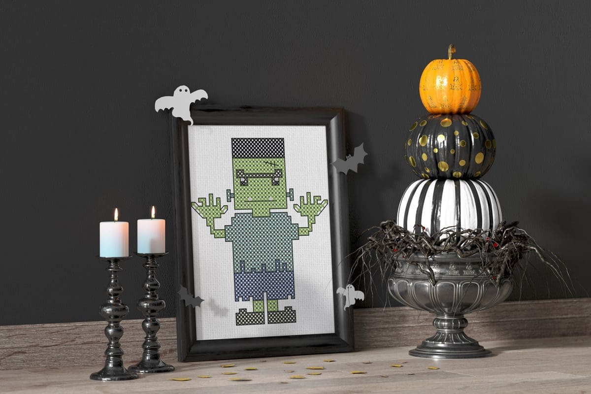 embroidered and framed Frankenstein cross stitch