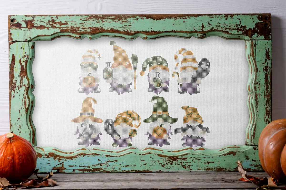 embroidered and framed halloween gnomes cross stitch pattern