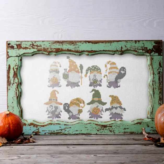 embroidered and framed halloween gnomes cross stitch pattern
