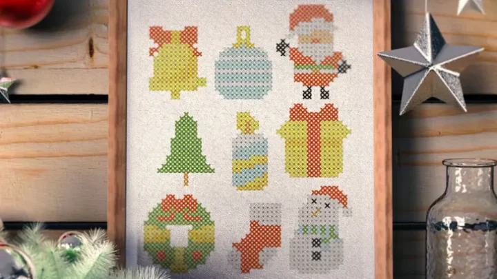 embroidered and framed 9 small Christmas cross stitch patterns