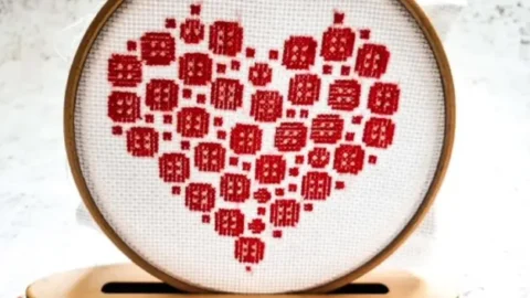 embroidered and held in a hoop button heart cross stitch