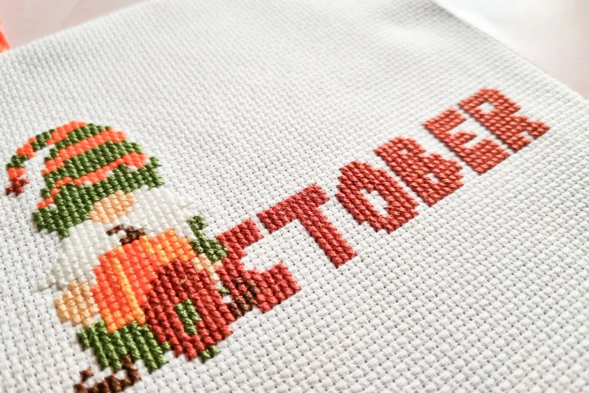 embroidered and October gnome cross stitch