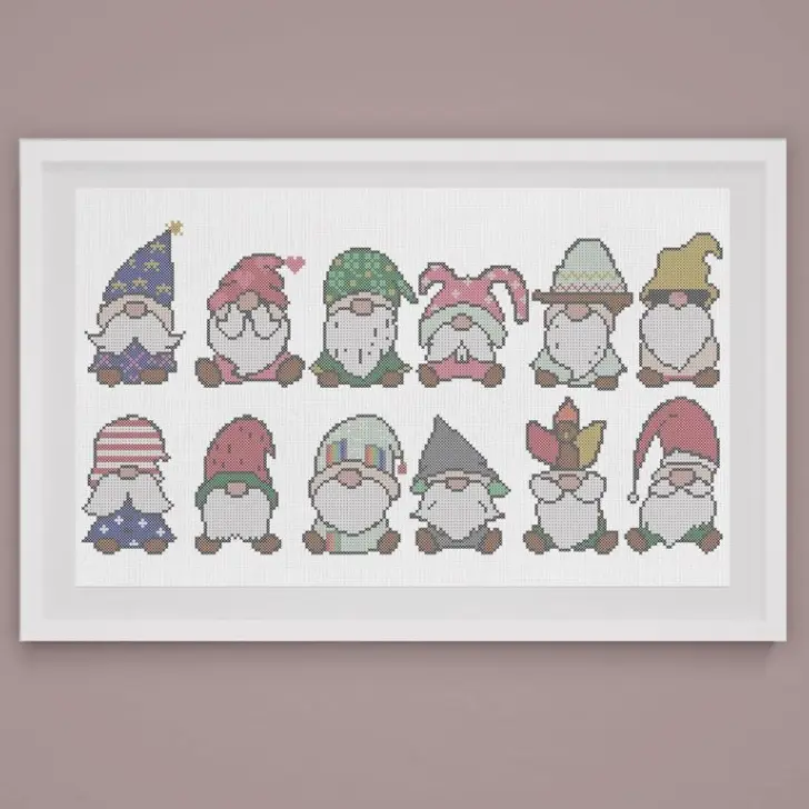 embroidered and framed a year of gnomes cross stitch pattern