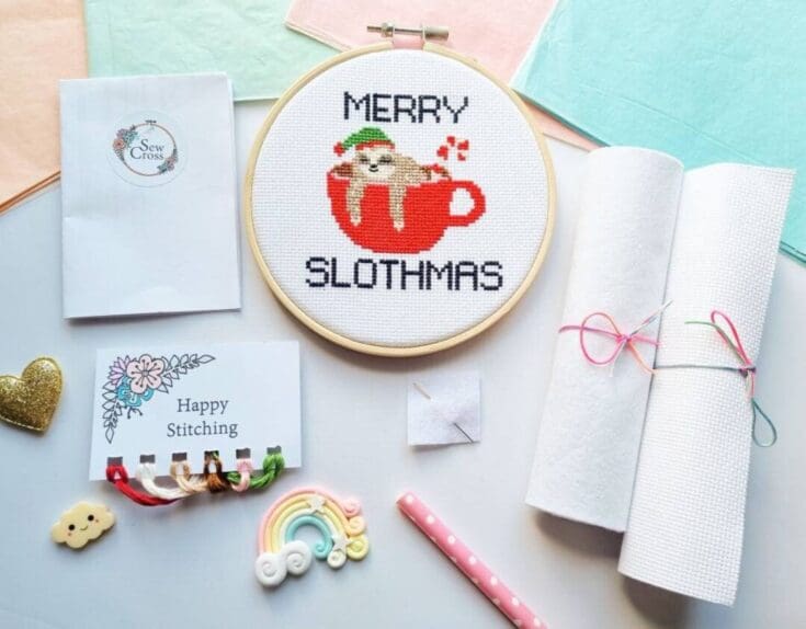 Image for Merry Slothmas Cross Stitch Kit Sloth Cross Stitch