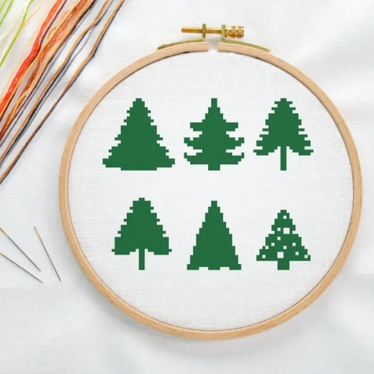 embroidered and framed in a hoop 6 christmas trees cross stitch