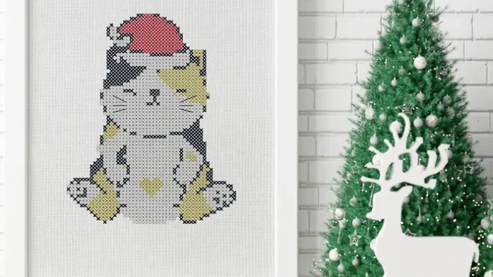 embroidered and framed christmas calico cat cross stitch