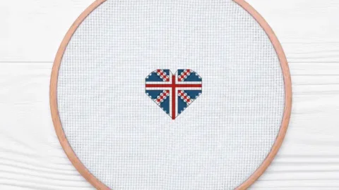 embroidered and framed union jack heart cross stitch