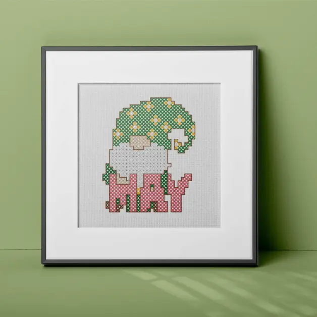 free May gnome cross stitch pattern
