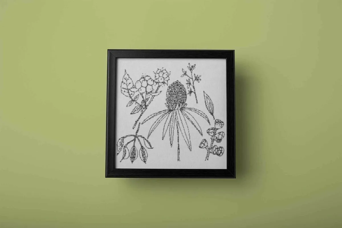 embroidered and framed botanical cross stitch