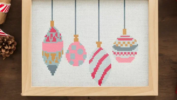 embroidered and framed christmas baubles cross stitch