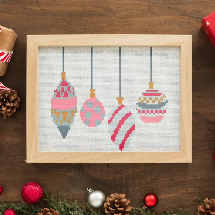 embroidered and framed christmas baubles cross stitch