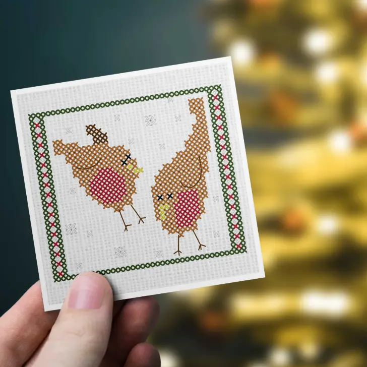 embroidered and made into a card pair of robins cross stitch