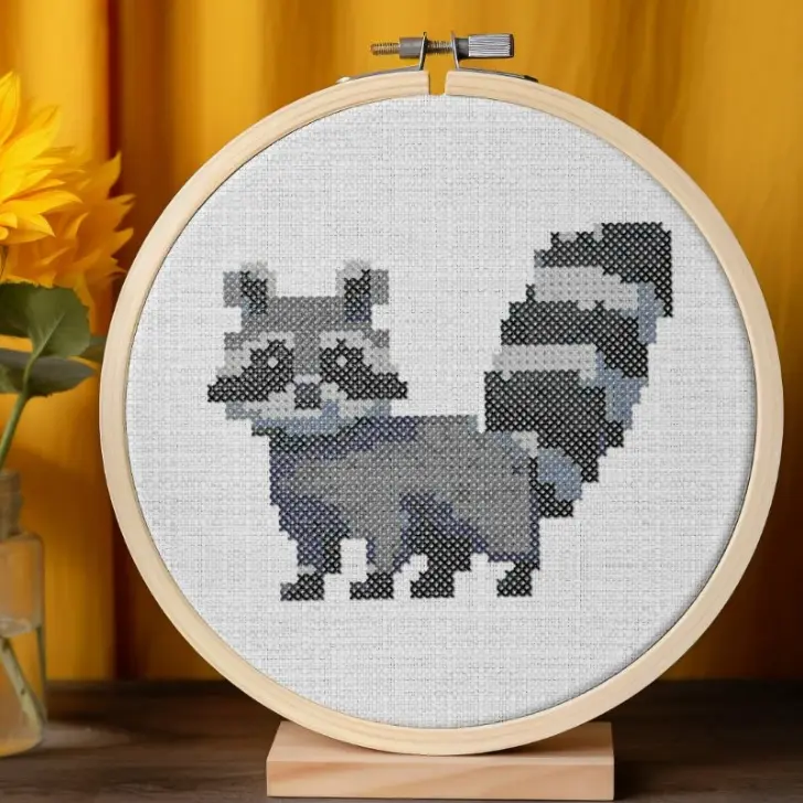 embroidered cute raccoon cross stitch framed in a hoop and stood next to some sunflowers in a vase