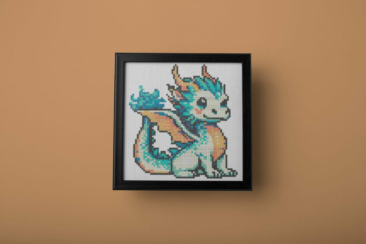 embroidered and framed in a black square frame, fire and water dragon cross stitch