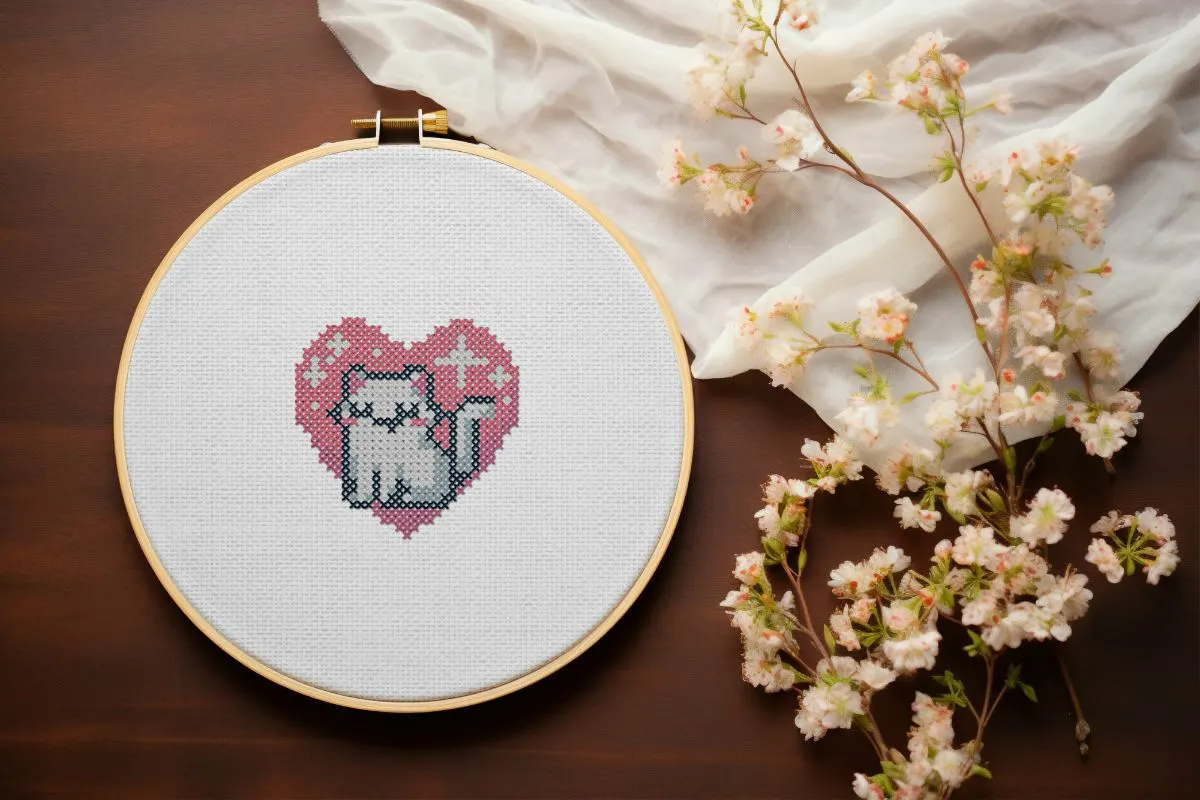 embroidered love cats cross stitch pattern, framed in a hoop next to some dried flowers