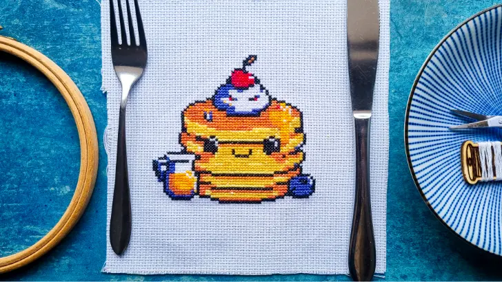 embroidered cute pancake stack cross stitch