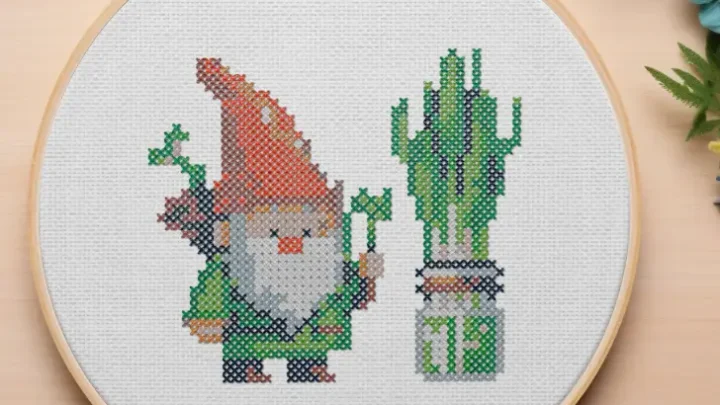 embroidered and framed in a hoop, spring onion gnome cross stitch