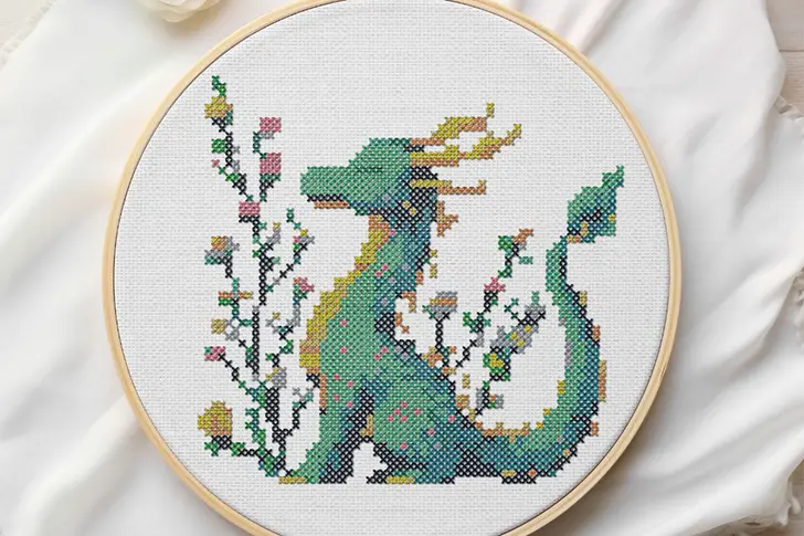 embroidered and framed in a hoop spring dragon cross stitch