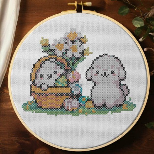 embroidered and framed in a hoop easter lambs cross stitch