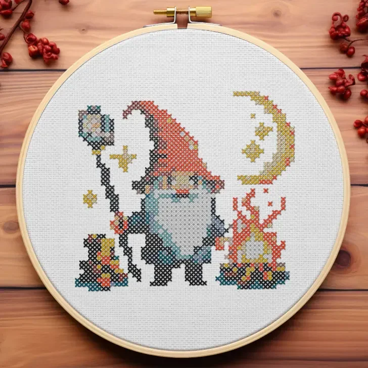 embroidered and framed in a hoop, campfire gnome cross stitch
