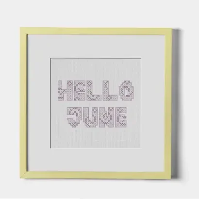 framed and embroidered hello june cross stitch