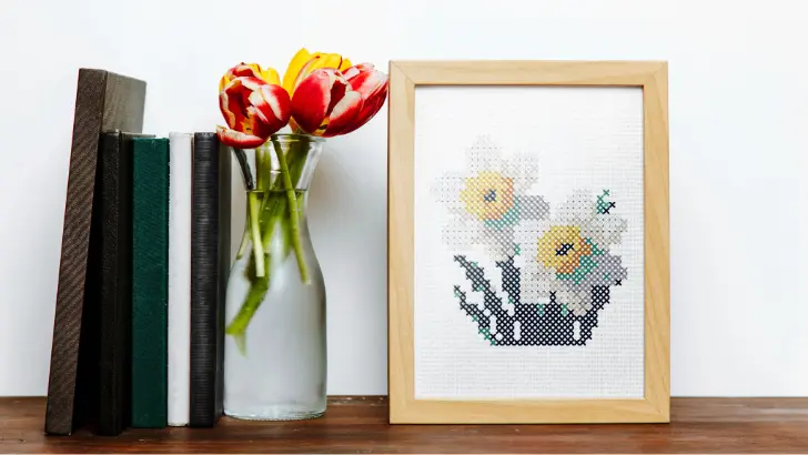 framed and embroidered white narcissus cross stitch