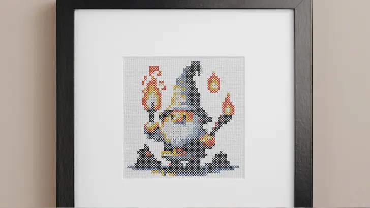 embroidered and framed night time gnome cross stitch