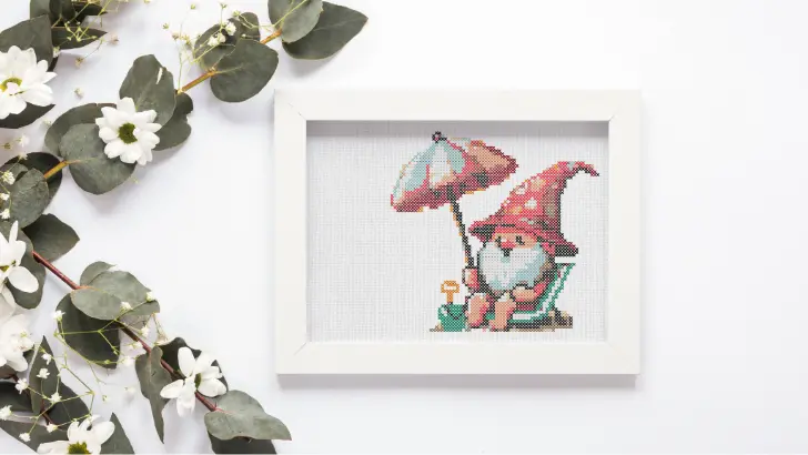 framed and embroidered beach gnome cross stitch