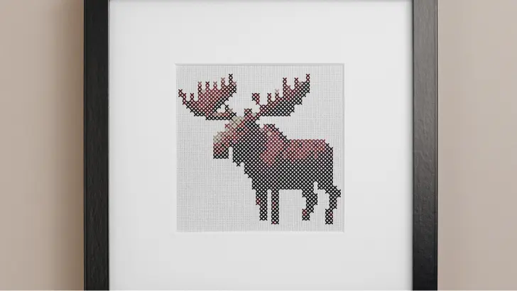 framed and embroidered moose cross stitch