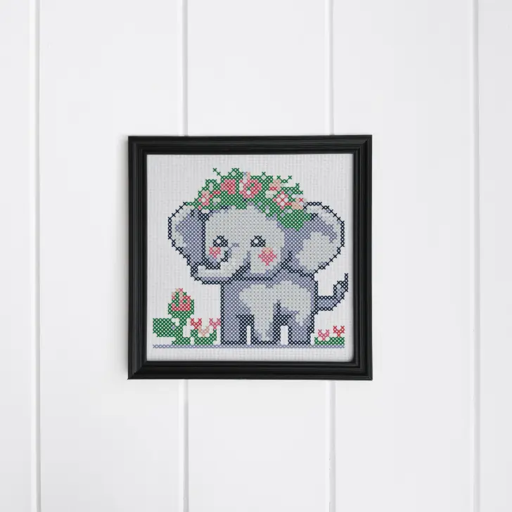 framed and embroidered valentine elephant cross stitch