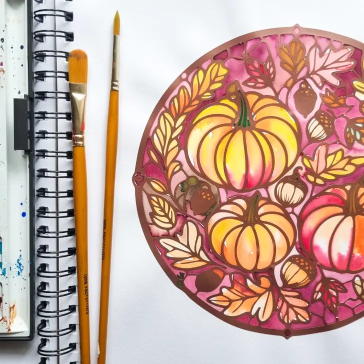 diy stained glass art in sketchbook painted with watercolours