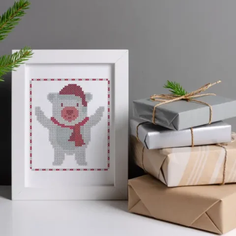embroidered and framed christmas bear cross stitch