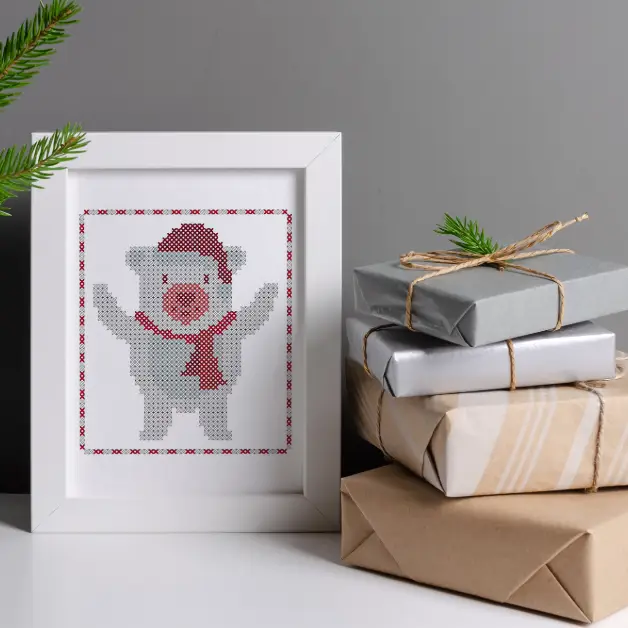 embroidered and framed christmas bear cross stitch