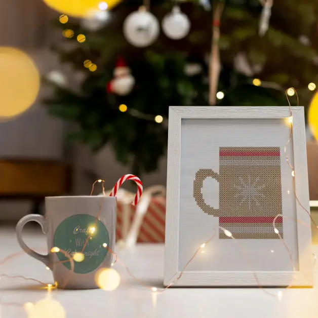 embroidered and framed cocoa mug cross stitch