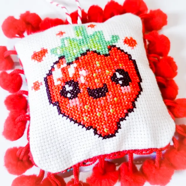 Image for DIY cross stitch ornament with pom pom trim