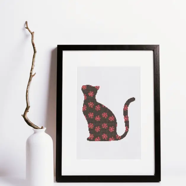 FREE red flower cat cross stitch pattern