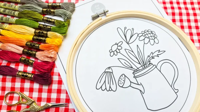 Free Autumn flowers watering can embroidery pattern